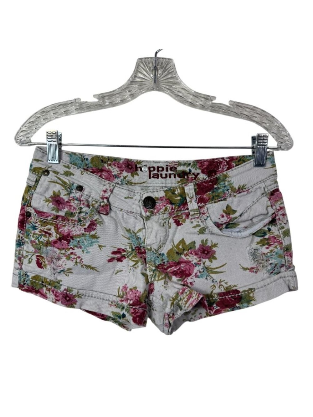 Hippie Laundry Women Floral Micro Mini Jean Shorts Size 3 28" White Pink Y2K 90s